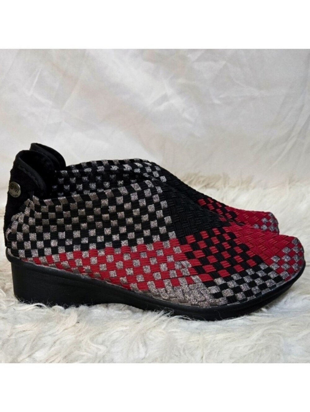 Bernie Mev Woven Elastic Shoes Gem Wedge Comfort Silver Black Red Pull On